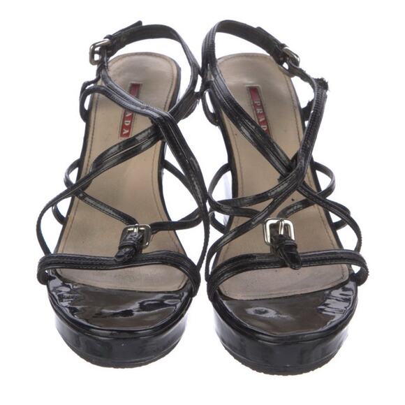 Authentic PRADA Black Patent Leather Strappy Wedge Sandals Size 10 - Picture 2 of 5